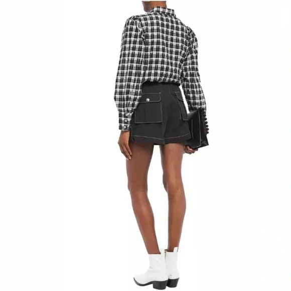 GANNI NWT Seersucker Checkered Tuxedo Ruffle Front Top Blouse 36 4 Black White - Picture 3 of 9